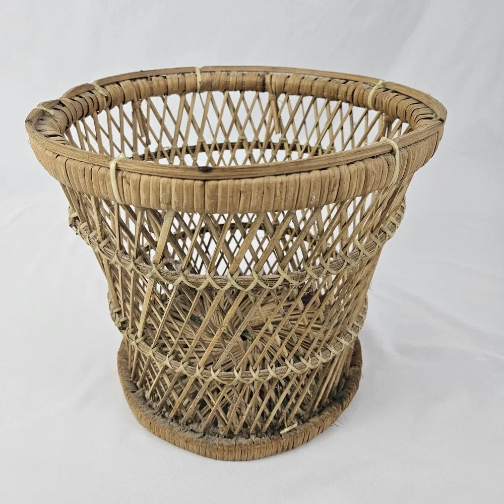 Vintage Boho Wicker Rattan Drum Planter Trash Can Mini Table Mid-Century Modern